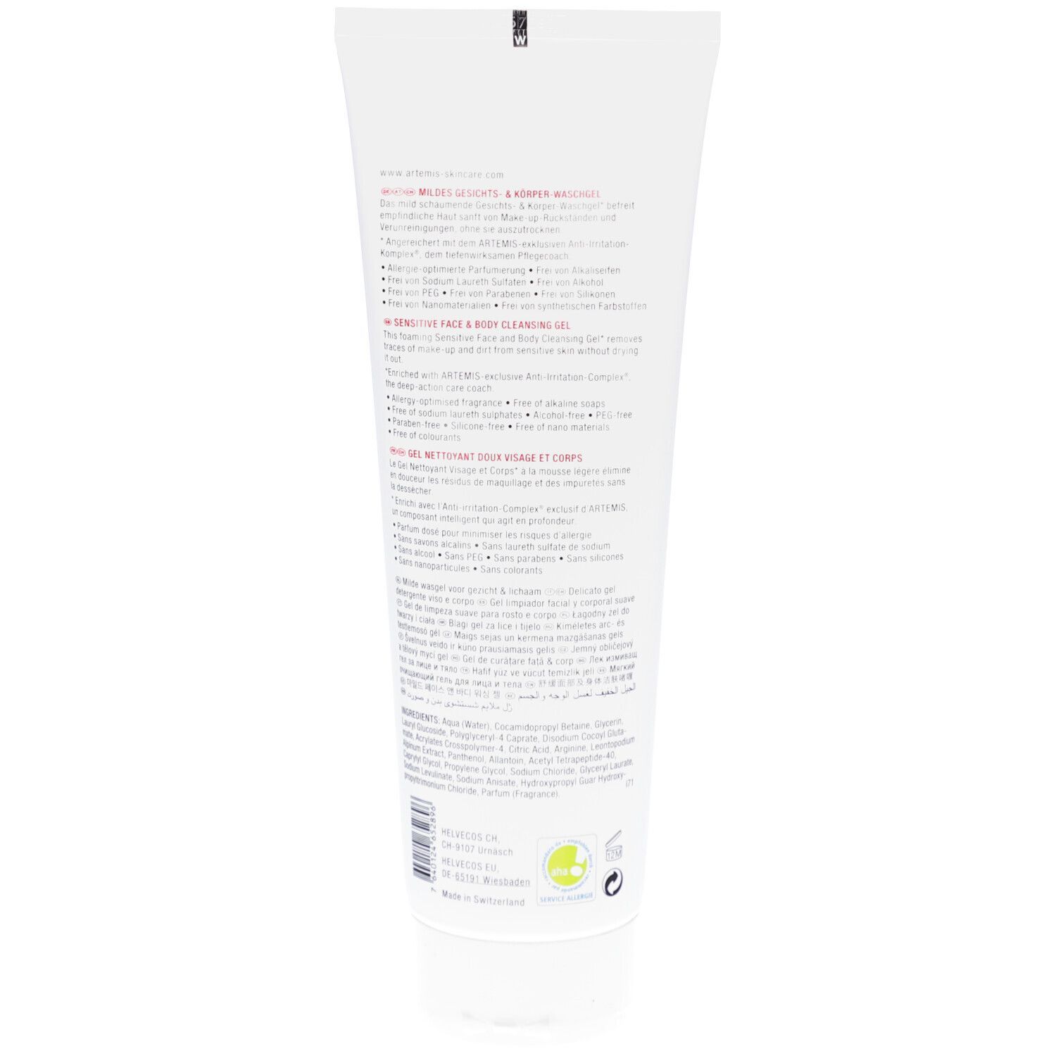 Weiße Tube mit Text. Rückseite mit Inhaltsstoffen und Informationen. Grün-gelbes Logo.