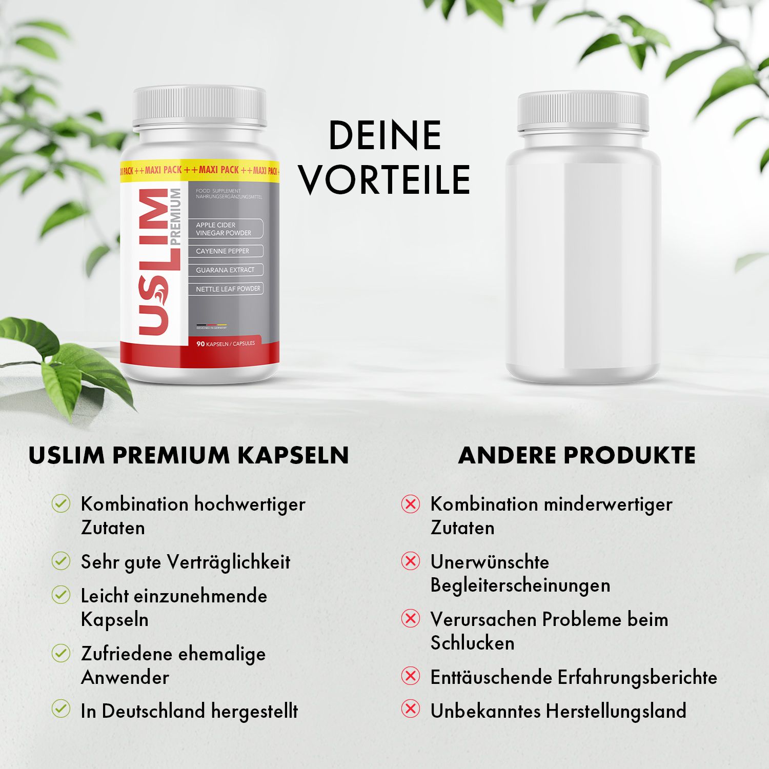 Zwei Flaschen, eine mit USLIM PREMIUM Kapseln. Text: Kombination hochwertiger Zutaten, Sehr gute Verträglichkeit, Leicht einzunehmende Kapseln.