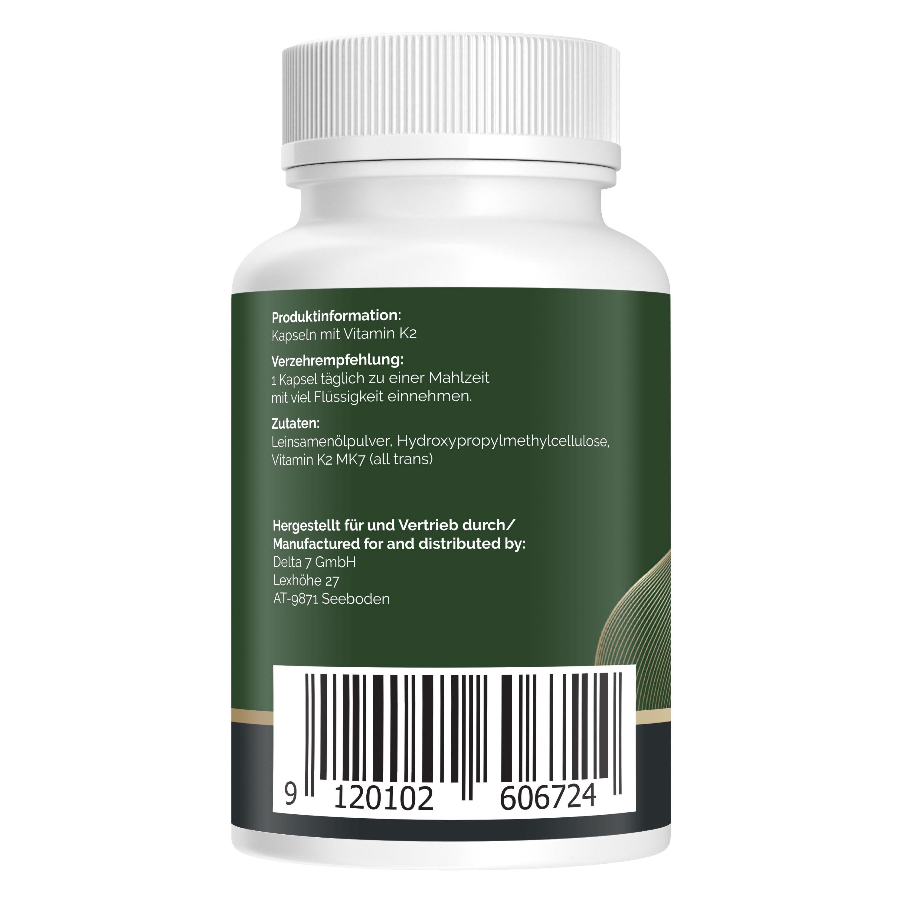 Rückseite der weißen Flasche. Etikett mit Produktinformationen, Zutaten, Herstelleradresse und Barcode.