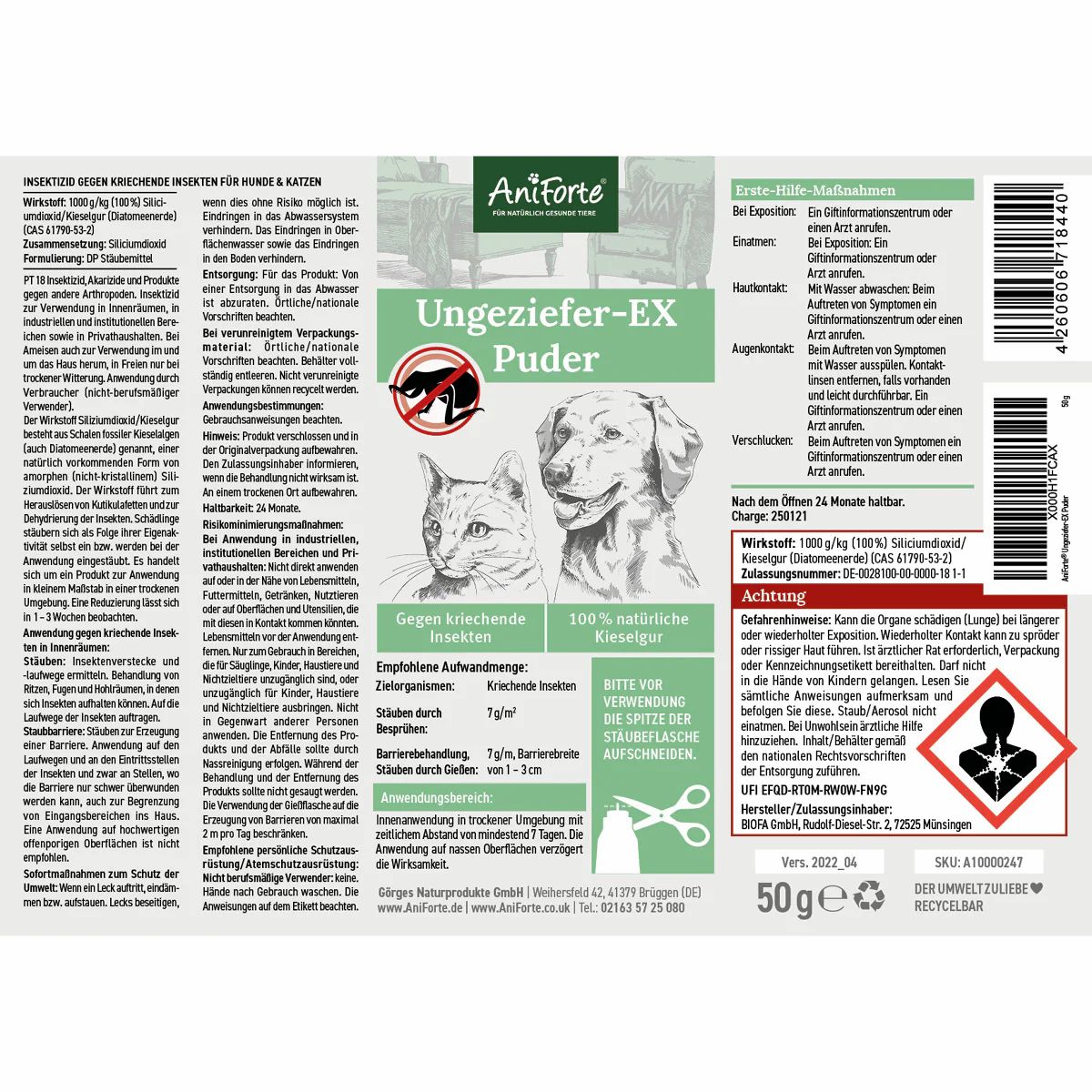 Etikett mit Produktinformationen. Produktname: Ungeziefer-EX Puder. Logo: Katze und Hund.