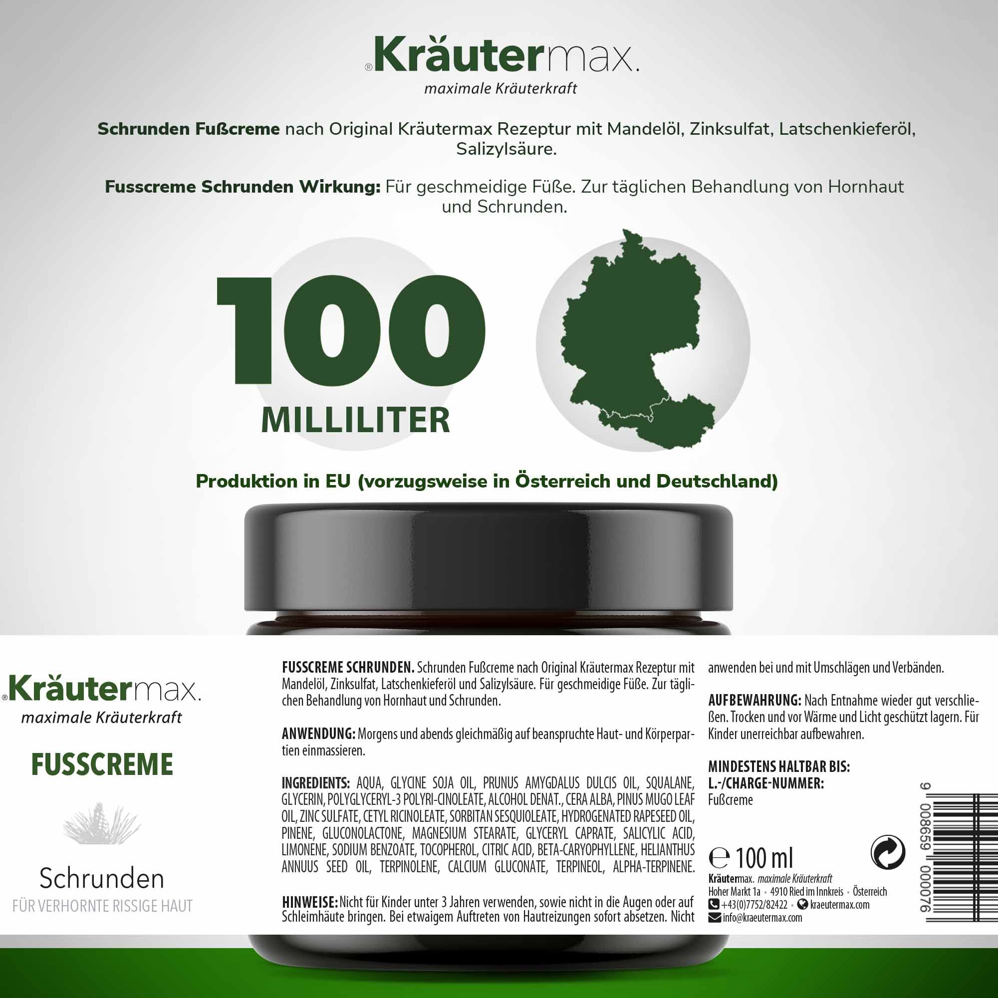 Braune Glasdose mit schwarzem Deckel. Aufschrift: Kräutermax Fußcreme Schrunden. 100 Milliliter. Produktinformationen und Inhaltsstoffe.