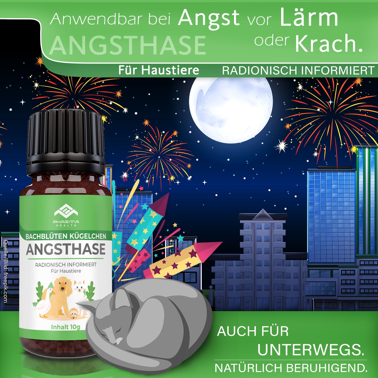 Produktflasche vor Hintergrund mit Feuerwerk und Stadt. Text: "Angsthase", "Für Haustiere", "Radionisch Informiert". Graue Katze.
