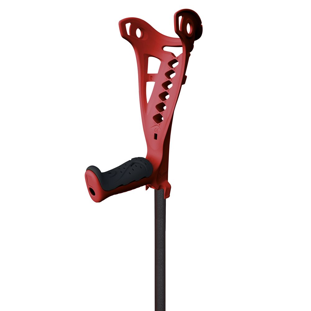 Rote Unterarmstütze mit schwarzem Griff. Sie hat eine ergonomische Form und eine offene Struktur am oberen Teil.