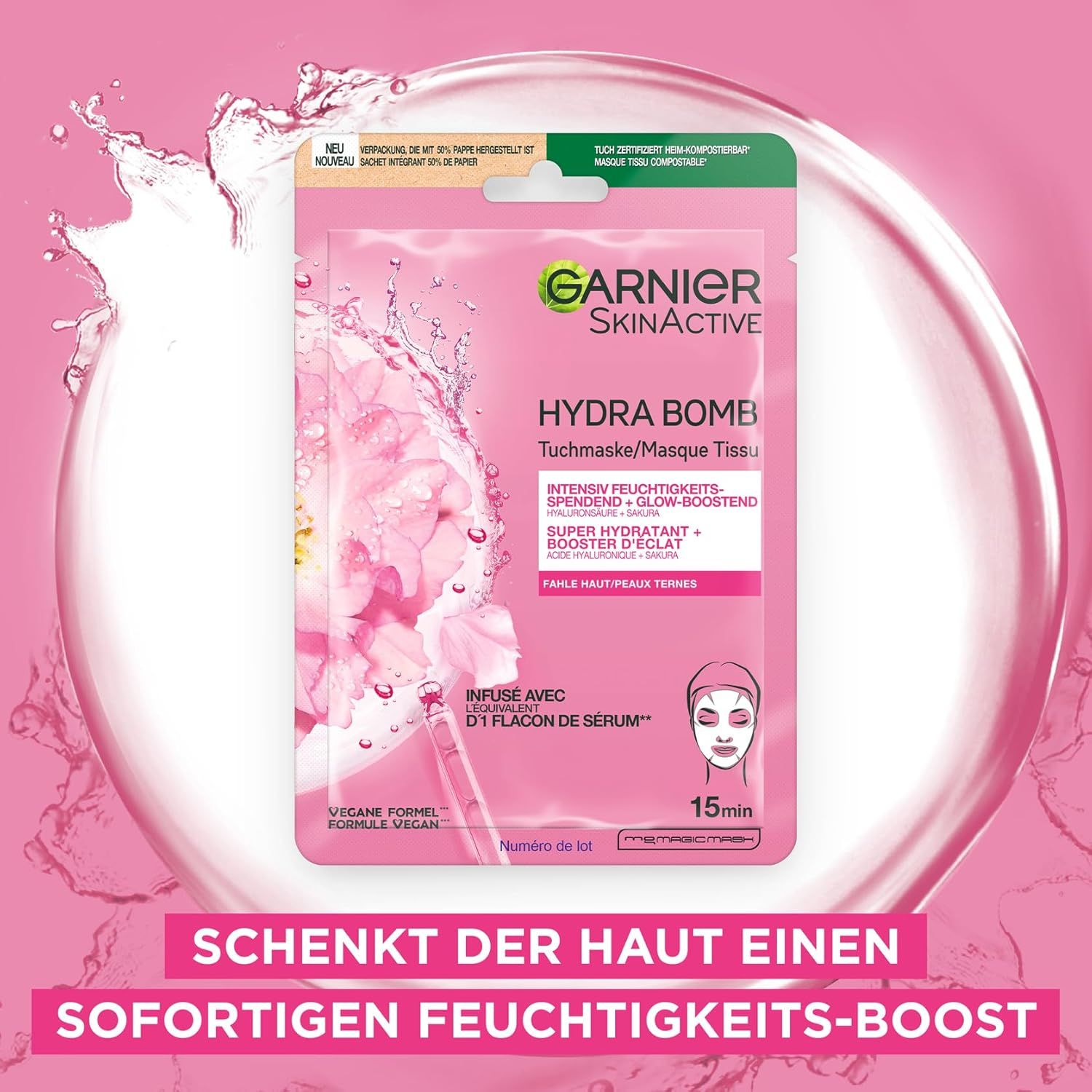 Rosa Garnier SkinActive Hydra Bomb Tuchmaske. Verpackung mit Produktinformationen und Logo. Text: Schenkt der Haut einen sofortigen Feuchtigkeits-Boost.