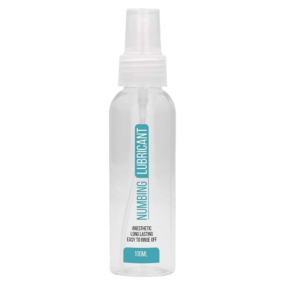 Transparente Flasche mit Sprühkopf. Aufschrift: Numbing Lubricant, Anesthetic, Long Lasting, Easy to Rinse Off. Unten: 100ml.