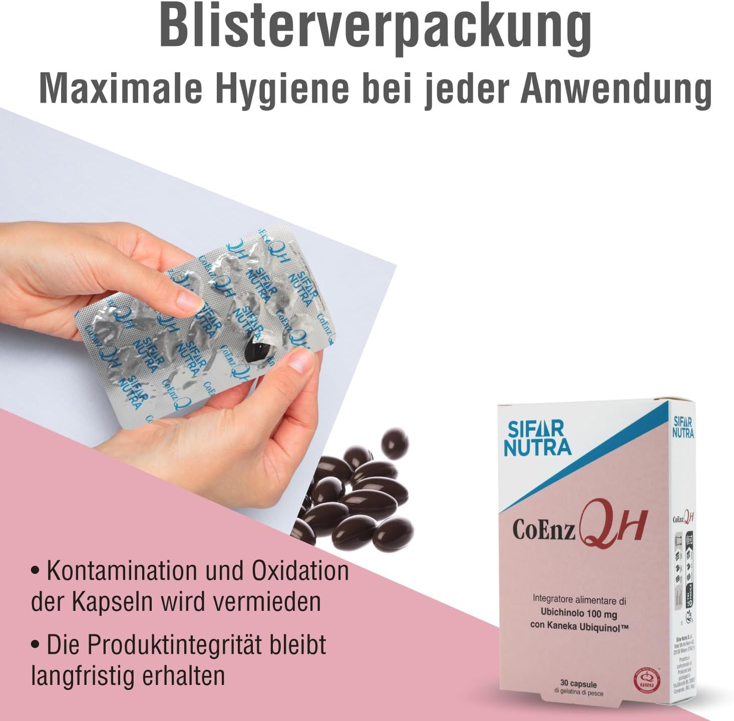 Hände halten Blisterverpackung mit Kapseln und Verpackung von Sifar Nutra CoEnz QH. Text: Maximale Hygiene bei jeder Anwendung.
