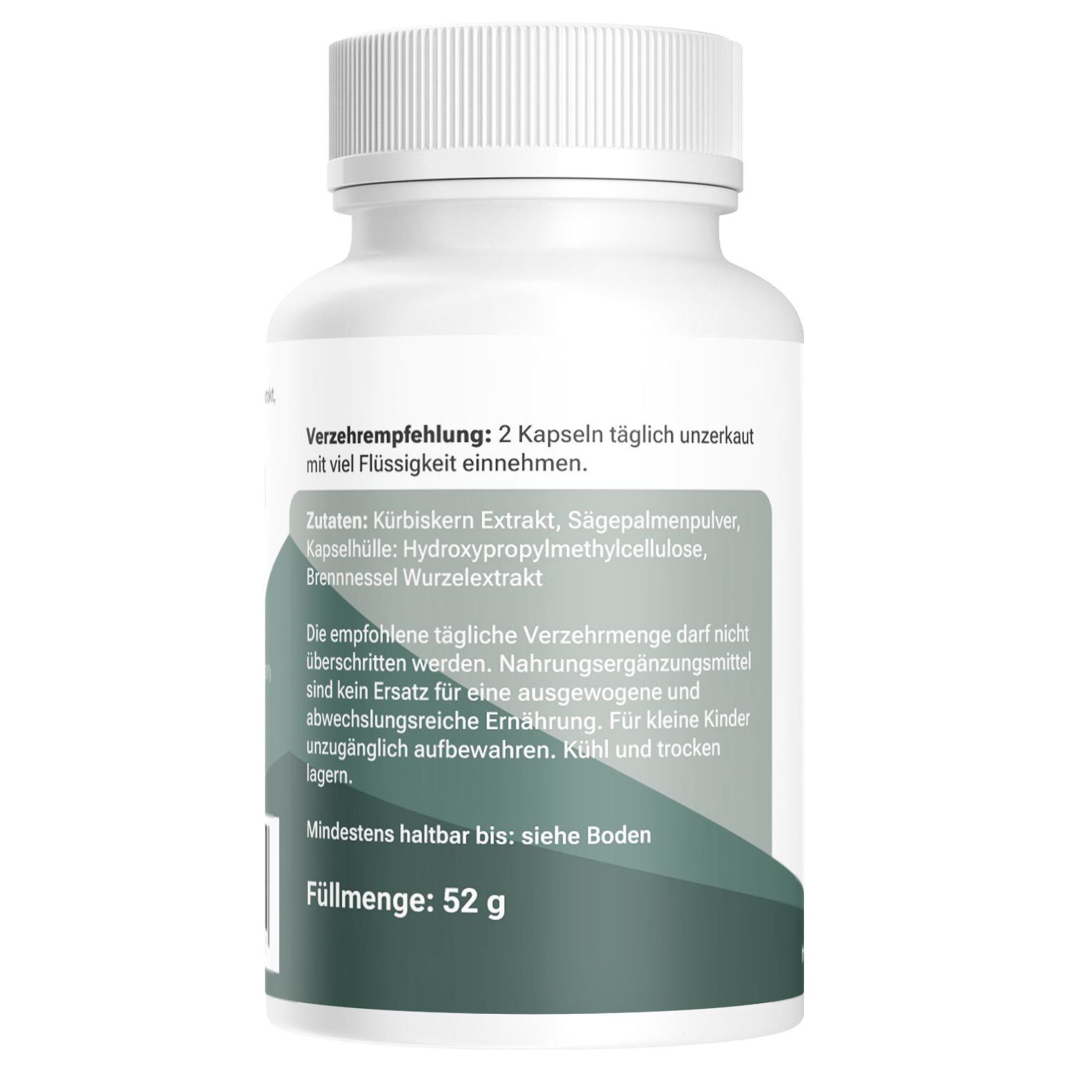Rückseite der weißen Flasche. Text: Verzehrempfehlung, Zutaten, Füllmenge: 52 g. Informationen zur Anwendung.