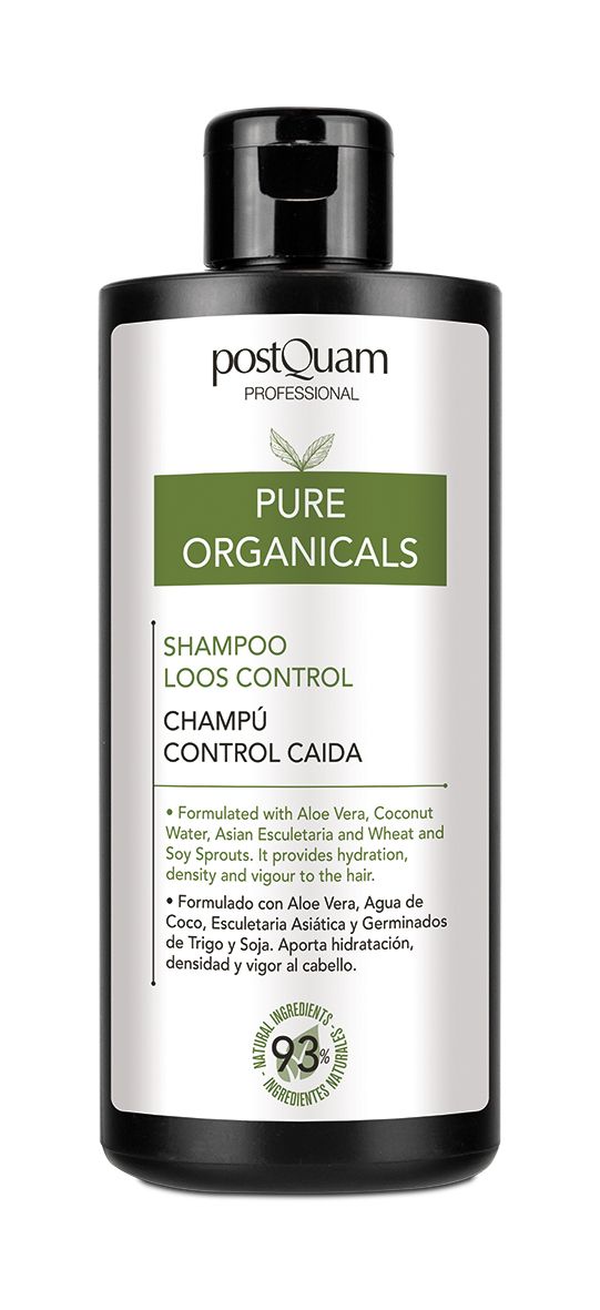 Schwarze Shampoo-Flasche mit weißem Etikett. Aufschrift: Postquam, Pure Organicals, Shampoo Loos Control, Champú Control Caida. Mit 93% Inhaltsstoffen.