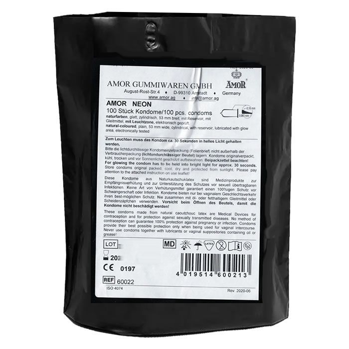 Verpackung mit 100 Amor Neon Kondomen, 53mm breit, zylindrisch, mit Reservoir.