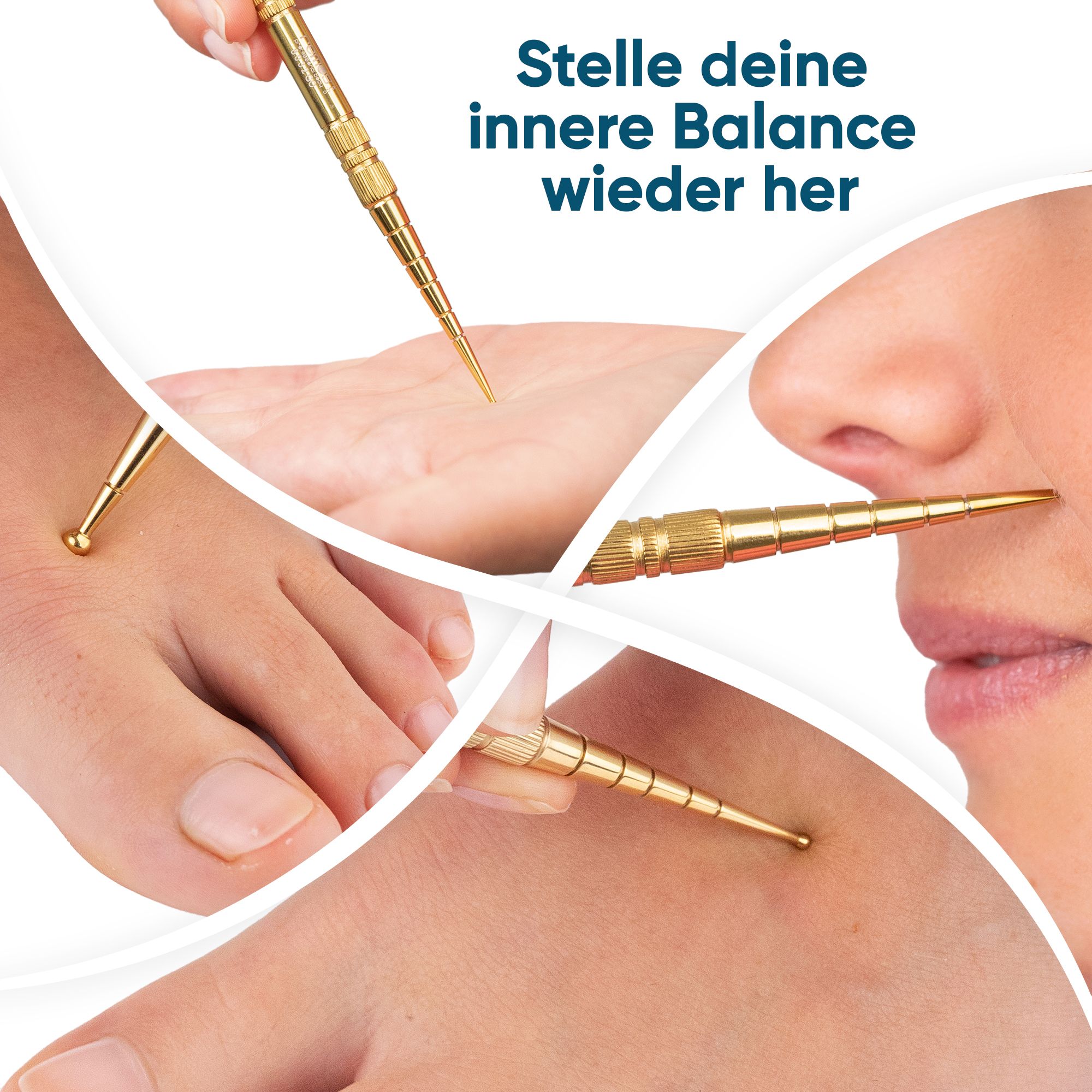 Goldfarbener Akupressurstift mit zwei Kugeldurchmessern (2mm und 4.5mm) an Händen und Füßen.