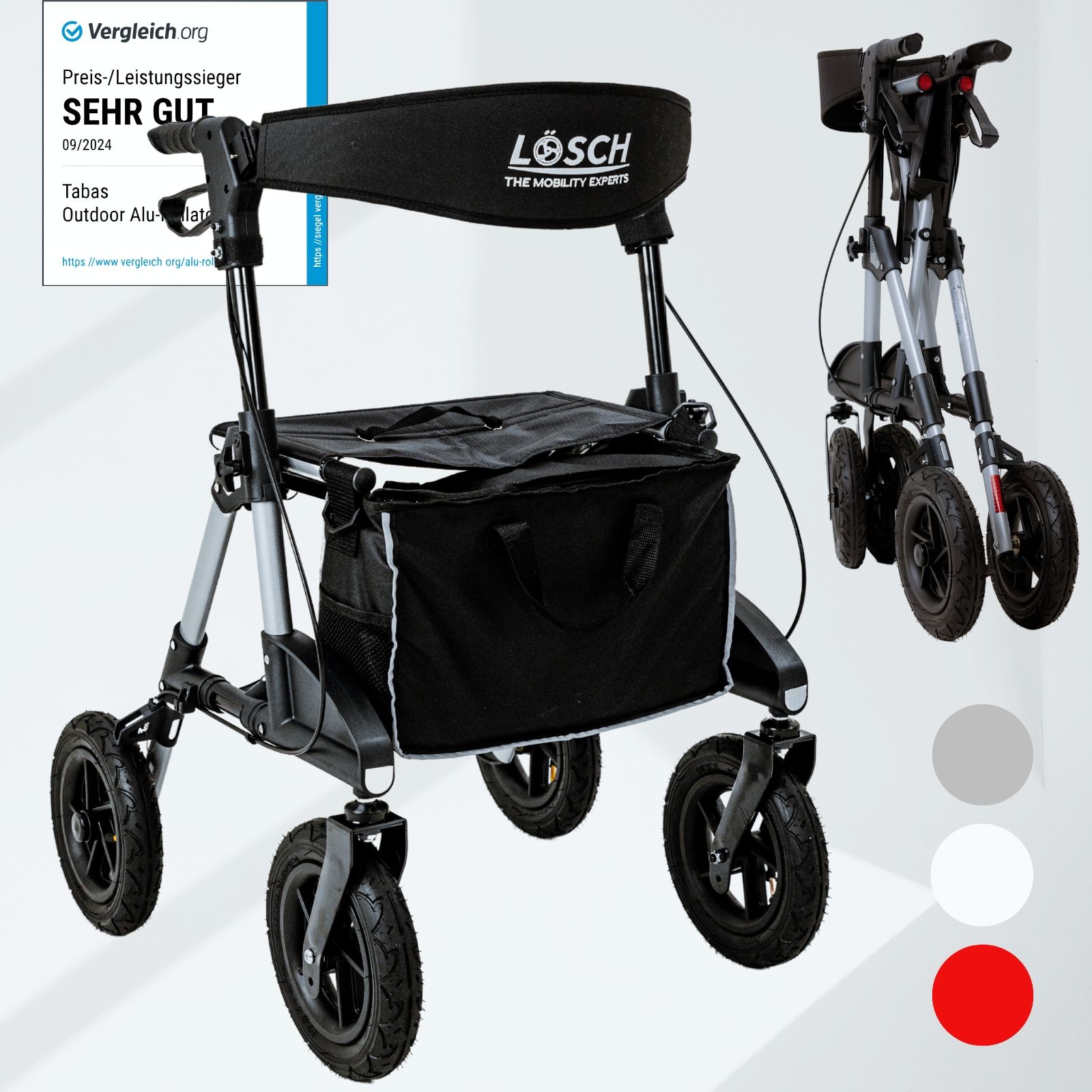Rollator mit schwarzem Sitz und Tasche. Silbernes Gestell, schwarze Räder. Gefaltet daneben.