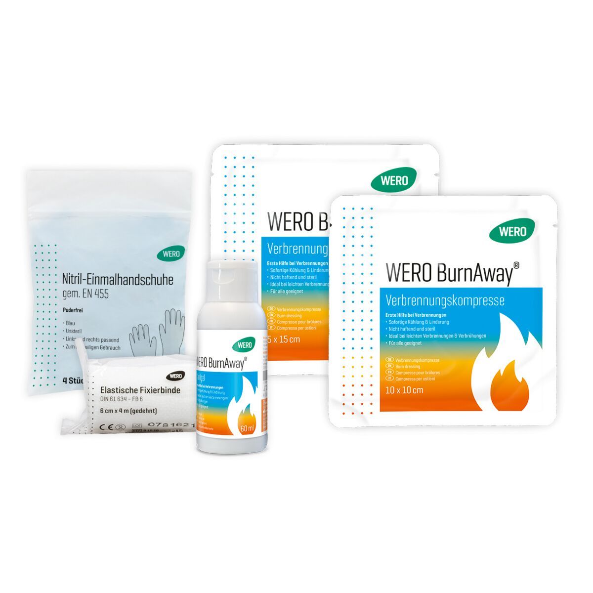 Set mit Handschuhen, Fixierbinde, Flasche und Kompressen. Aufschrift: WERO BurnAway, Verbrennungskompresse, Nitril-Einmalhandschuhe.