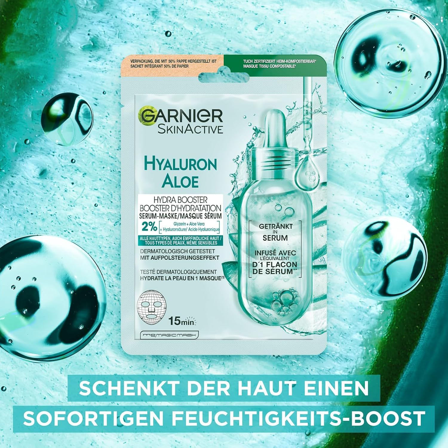 Garnier Tuchmaske Aloe Hydra Booster Serum. Verpackung mit Produktinformationen und Logo, umgeben von Wasserblasen.