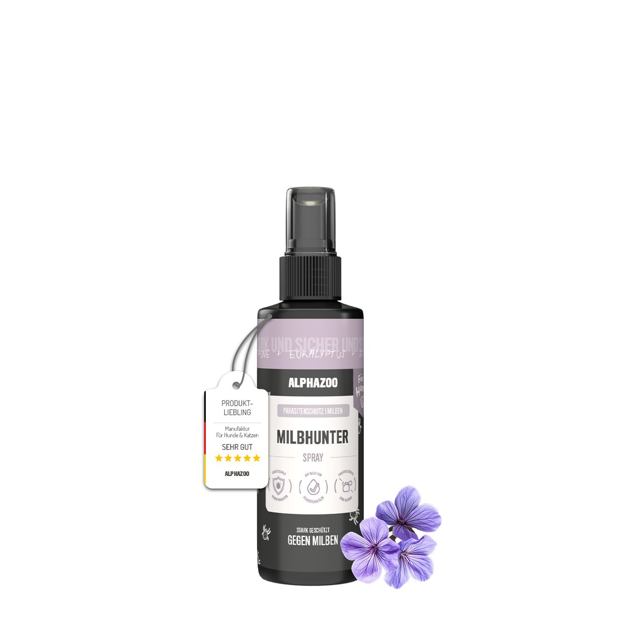 Schwarze Sprühflasche mit Etikett und Anhänger. Aufschrift: MILBHUNTER SPRAY. Lila Blüten.