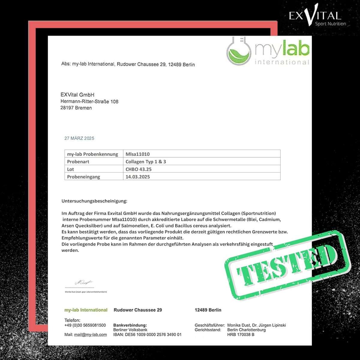 Zertifikat von mylab international. Collagen Typ 1 & 3. Getestet. Untersucht auf Schwermetalle, E. Coli und Bacillus cereus.