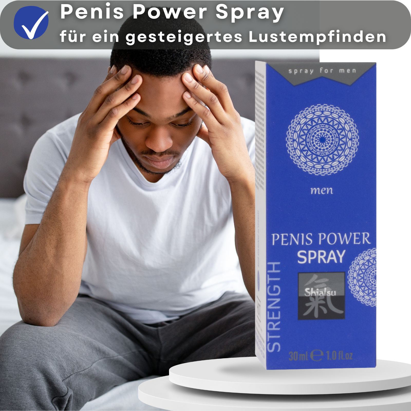 Blaue Verpackung mit Text: Penis Power Spray, Shiatsu, 30ml. Mann sitzt, hält sich den Kopf.