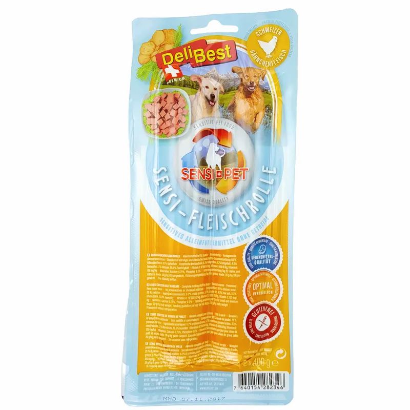 Verpackung von DeliBest Fleischrolle Sensi Hähnchen. Abbildung von Hunden, Produktstückchen und Logos. Glutenfrei, optimale Verträglichkeit.