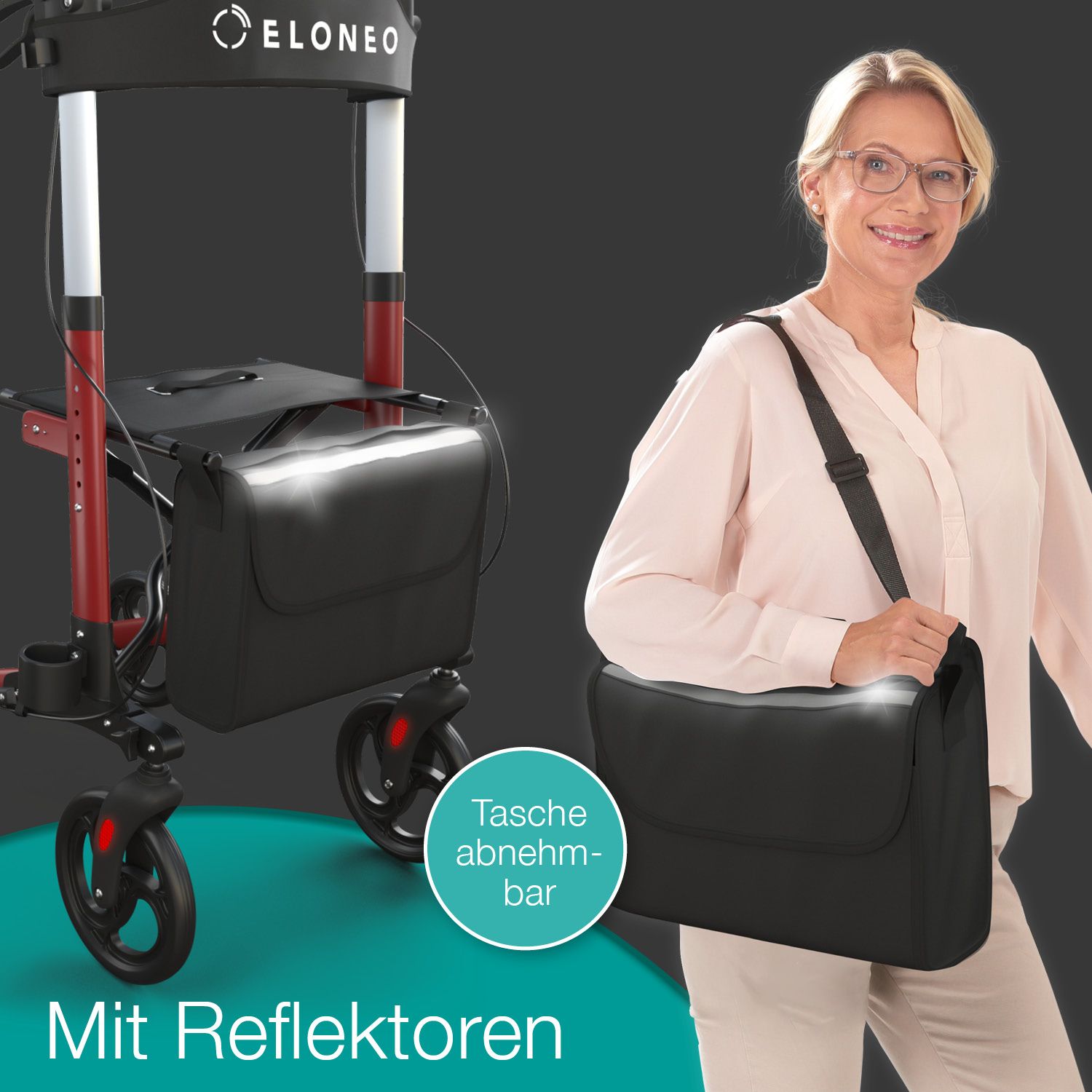 Rollator mit rotem Rahmen, schwarzer Tasche. Tasche abnehmbar, mit Reflektoren.