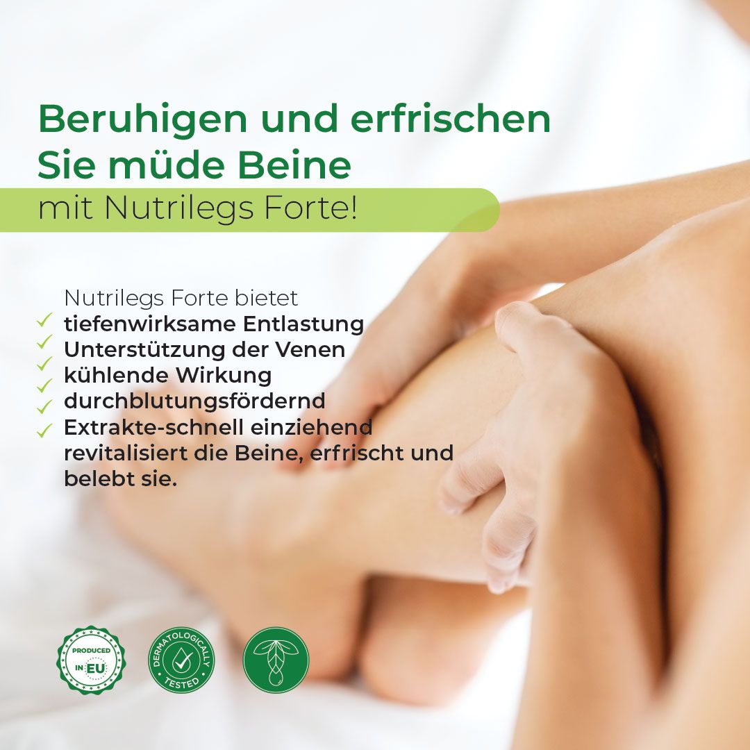 Beine werden mit Biostile Nutrilegs Forte Creme beruhigt und erfrischt, mit Siegeln.