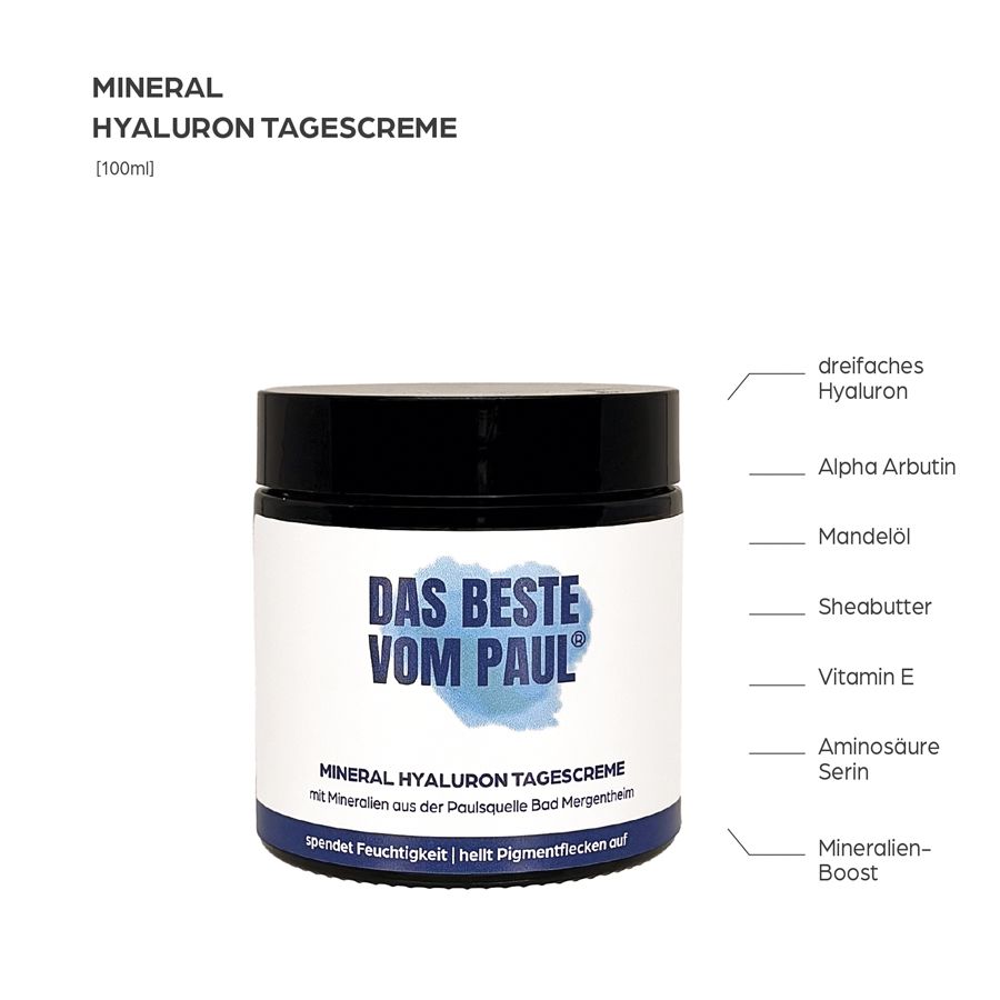 Tiegel mit schwarzem Deckel. Aufschrift: Das Beste vom Paul. Produkt: Mineral Hyaluron Tagescreme. Inhaltsstoffe.