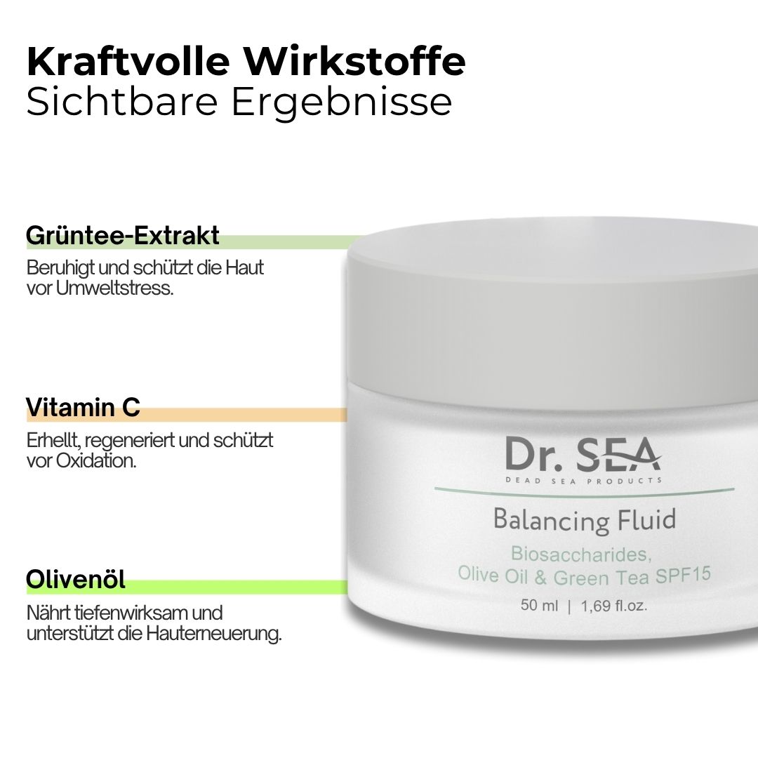 Produkt mit Text. Text: Grüne Tee-Extrakt, Vitamin C, Olivenöl. Produkt: Dr. SEA Balancing Fluid.