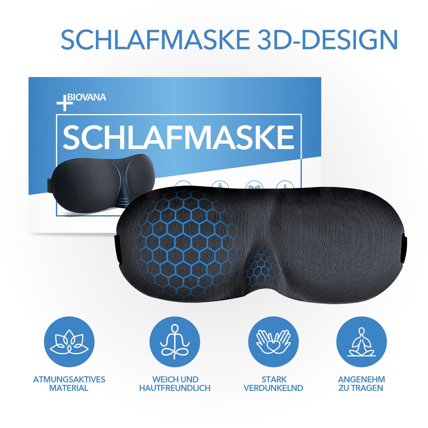 Schlafmaske, schwarz, 3D-Design. Verpackung mit Logo und Produktname. Icons: atmungsaktives Material, weich, stark verdunkelnd, angenehm.