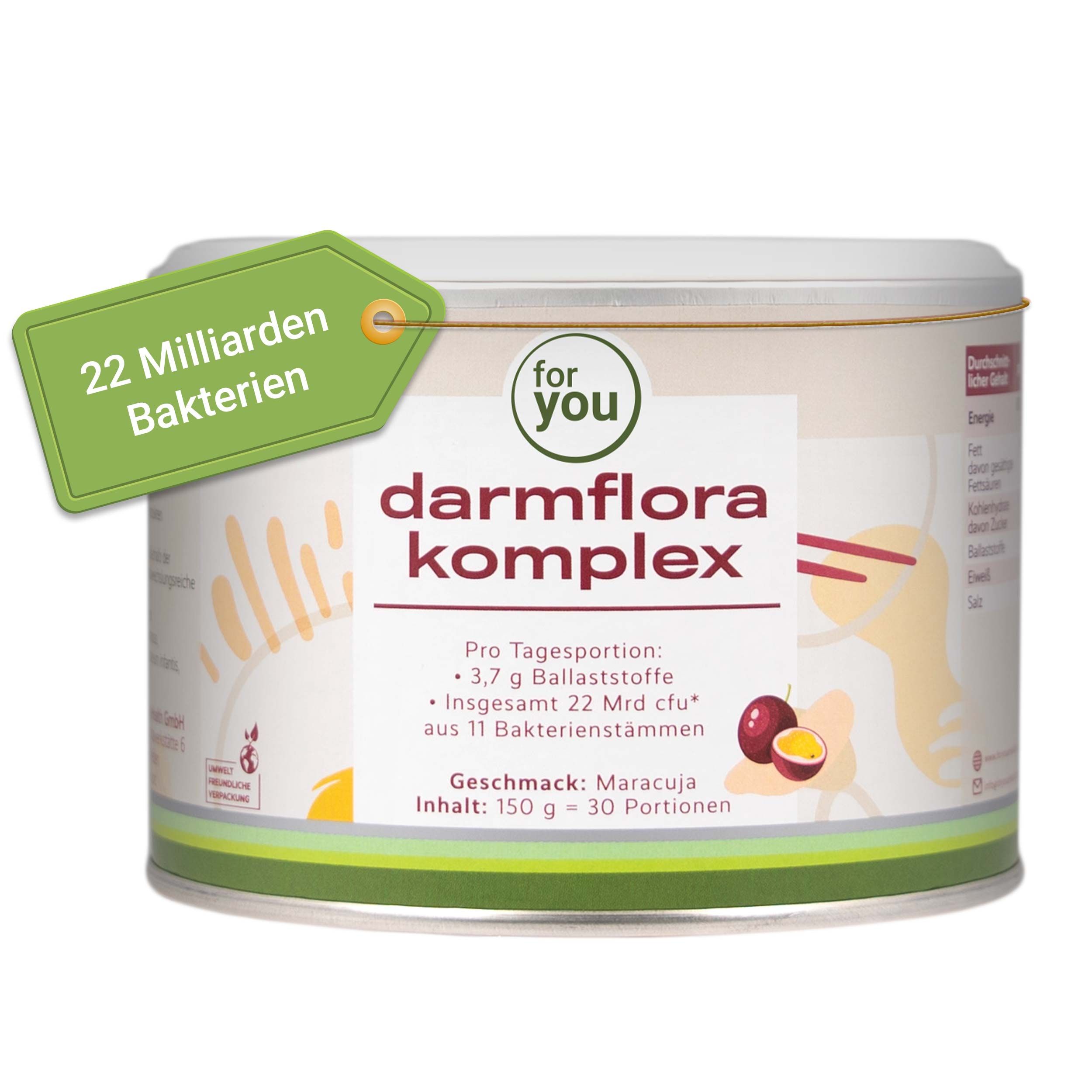 Darmflora Komplex Pulver in Dose mit 22 Milliarden Bakterien und Maracuja-Geschmack.