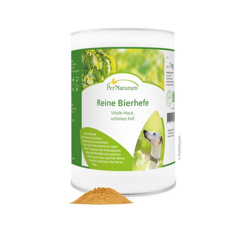 PerNaturam Reine Bierhefe Dose, 1kg. Etikett mit Text und Hund. Braunes Pulver davor.