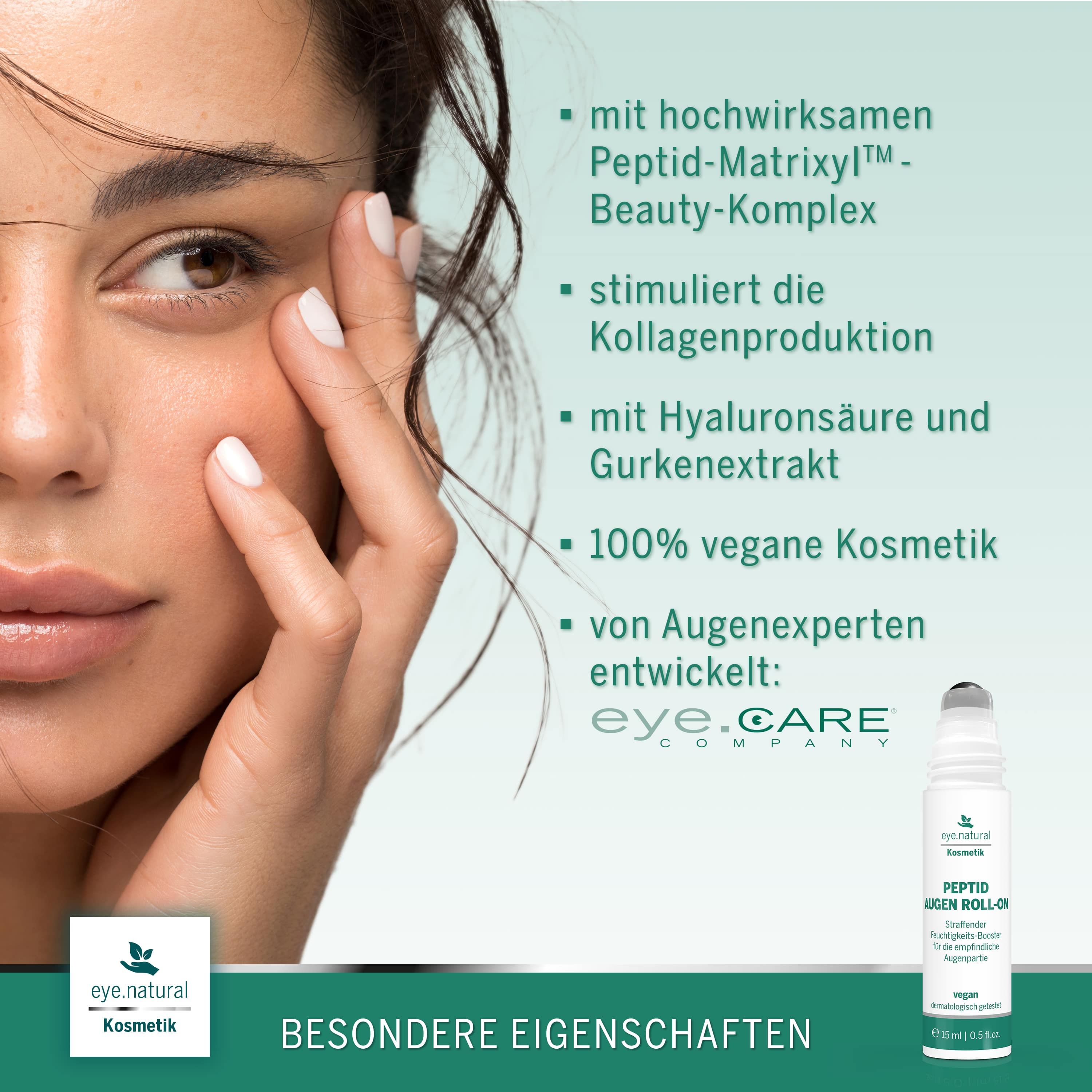 Augen Roll-On. Enthält Peptid-Matrixyl, Hyaluronsäure und Gurkenextrakt. 100% vegan. Von eye.CARE Company entwickelt.