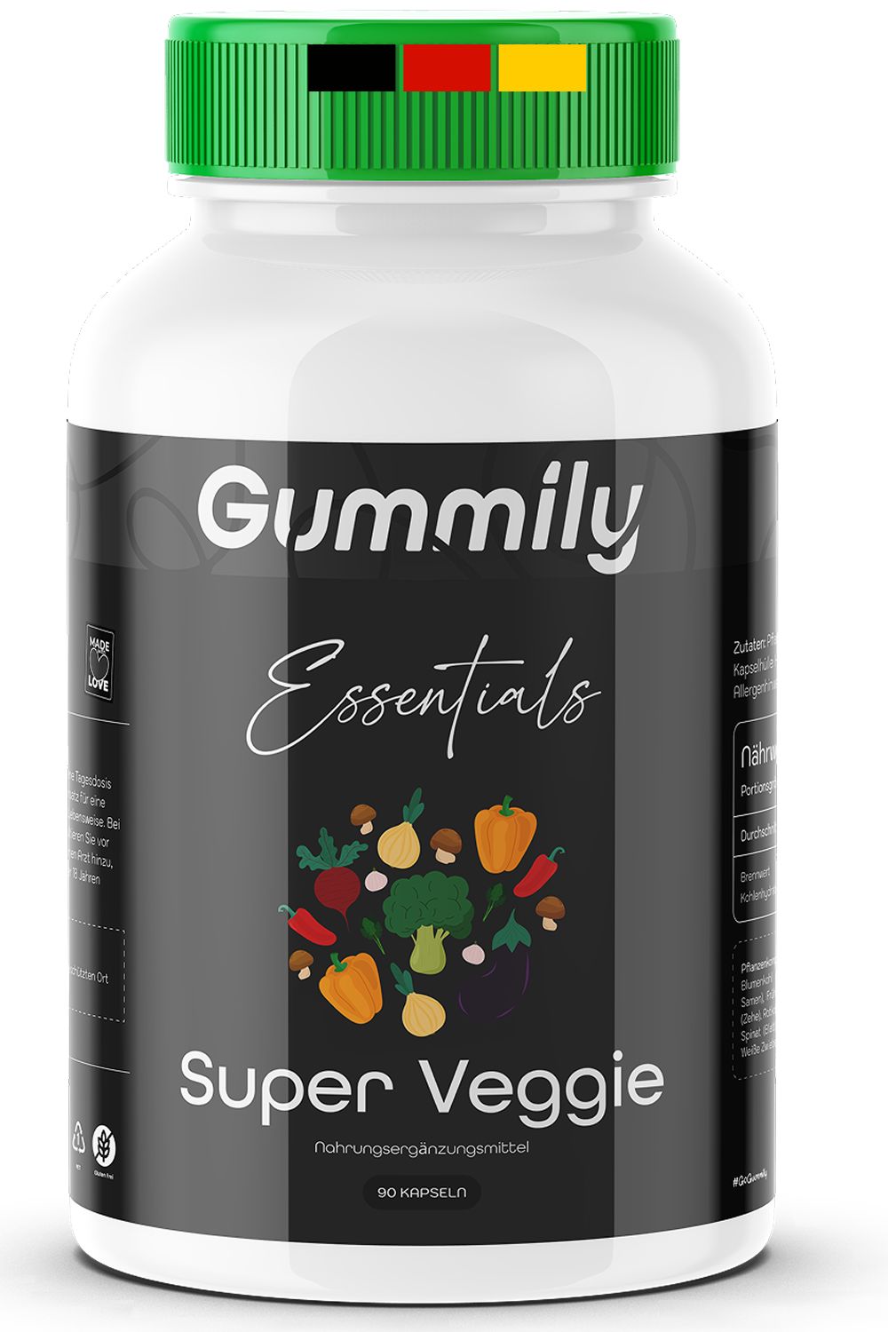 Weiße Flasche mit grünem Deckel. Aufschrift: Gummily Essentials Super Veggie. 90 Kapseln. Mit Gemüse-Illustration.