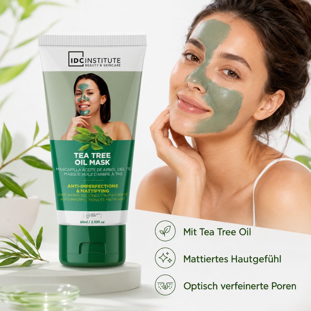 Frau mit grüner Teebaumöl-Peel-Off-Maske von IDC INSTITUTE im Gesicht.