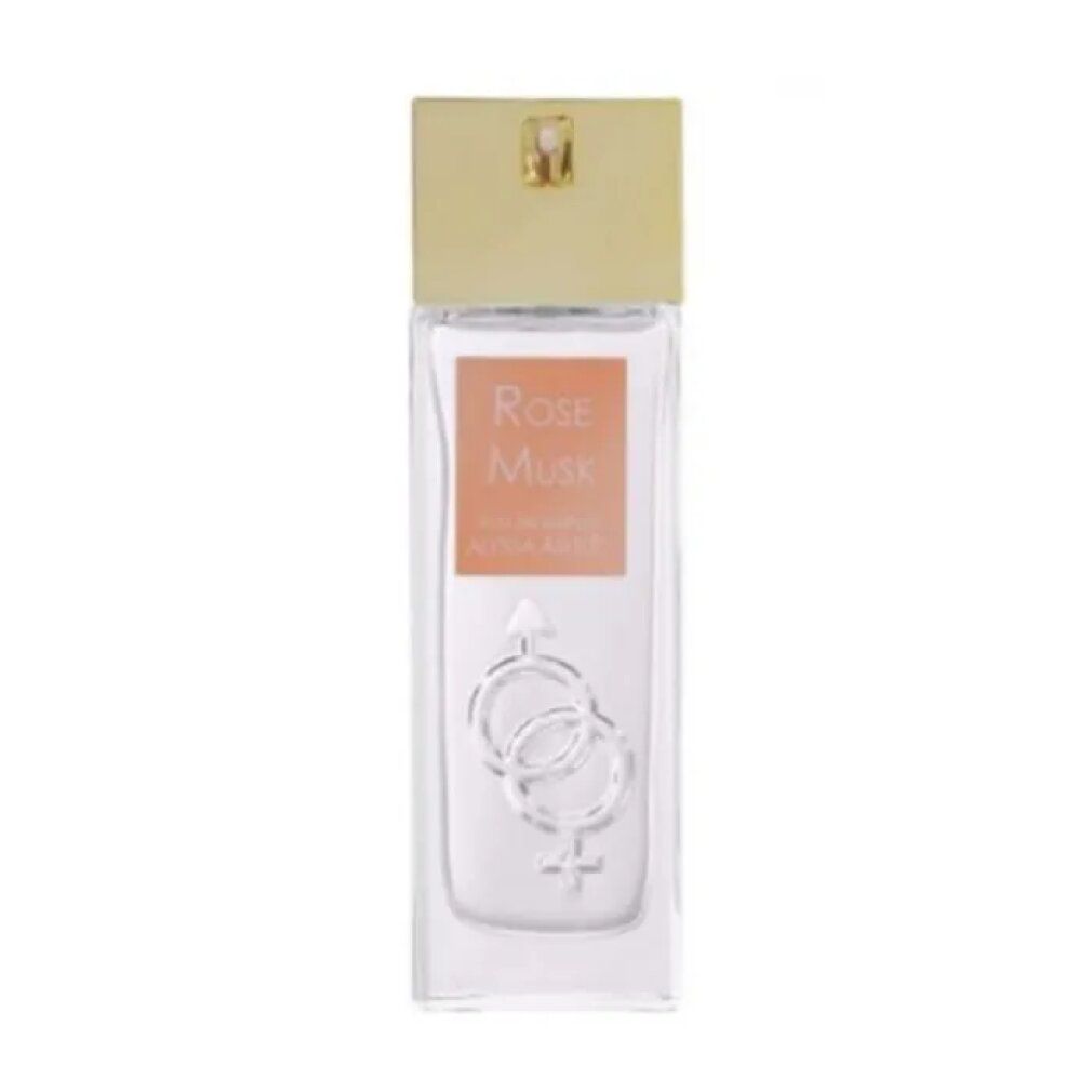 Rechteckiger Flakon mit goldfarbenem Deckel. Aufkleber mit "Rose Musk" und "Alyssa Ashley". Unterhalb, zwei ineinander verschlungene Symbole.