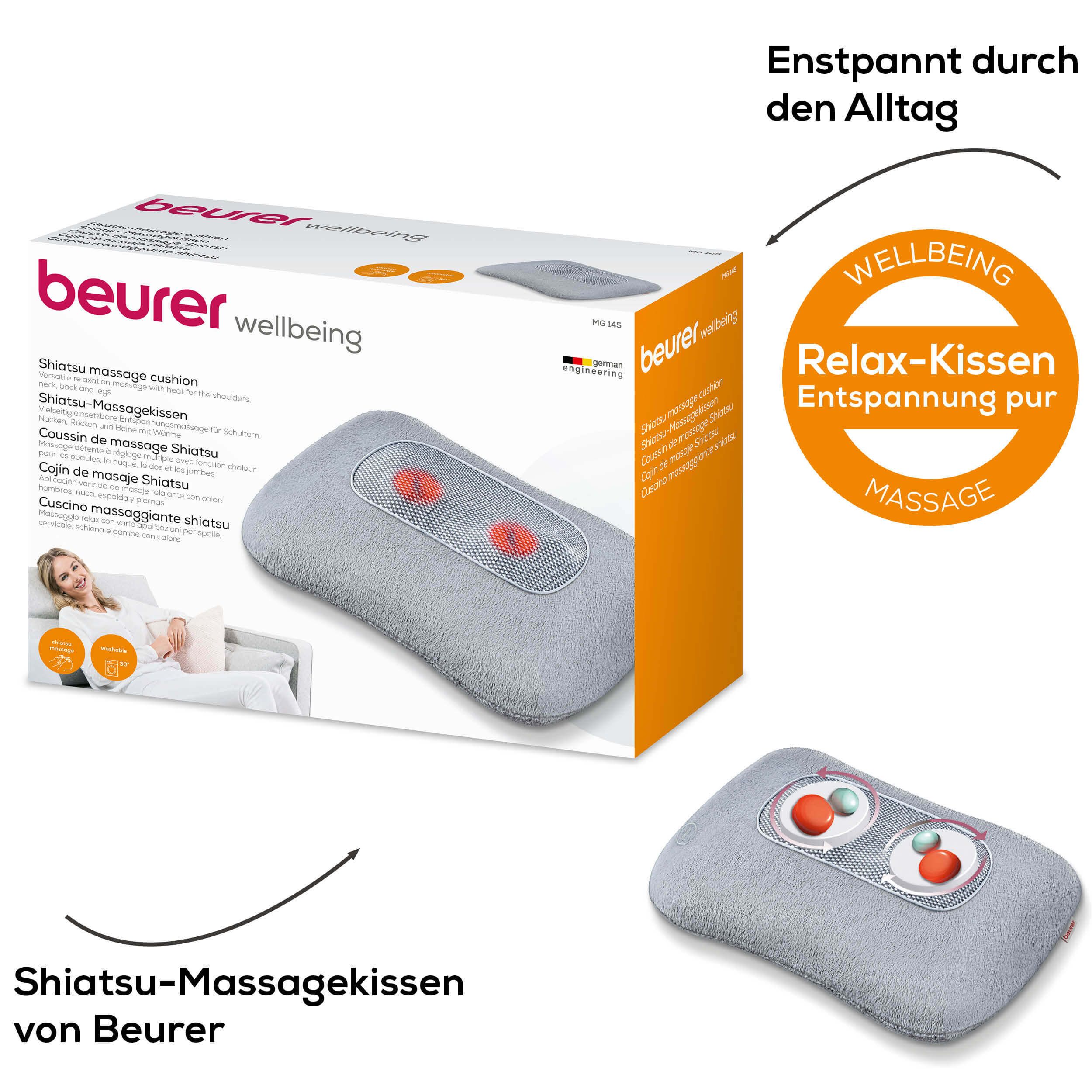 Shiatsu-Massagekissen in Verpackung. Box mit Produktabbildung und Text. Aufkleber: Wellness, Entspannung pur.