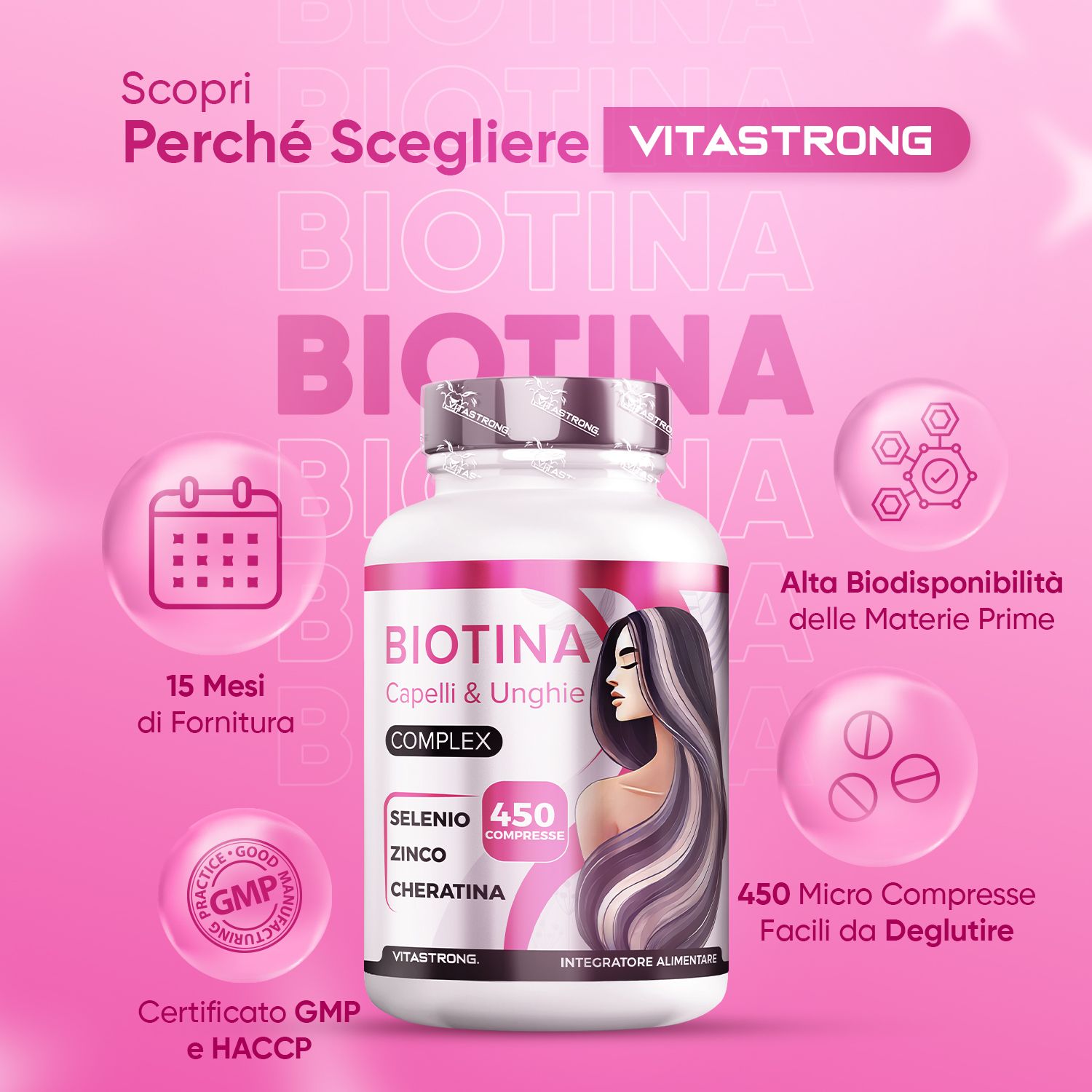 Flasche "BIOTINA Capelli & Unghie COMPLEX" mit 450 Micro Compresse.  Text: 15 mesi di Fornitura, Certificato GMP e HACCP.