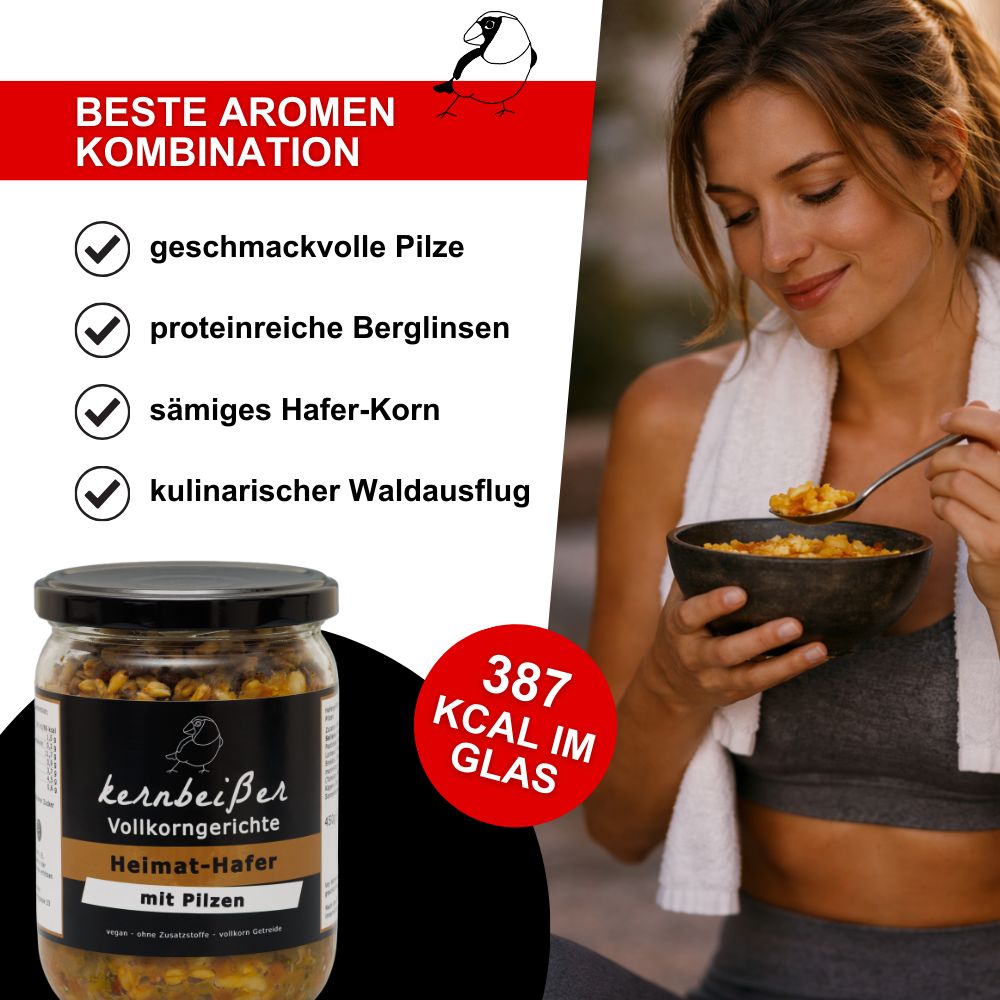 Frau isst Hafergericht mit Pilzen aus einem Glas. Text: Kernbeißer Vollkorngerichte, 387 kcal im Glas.