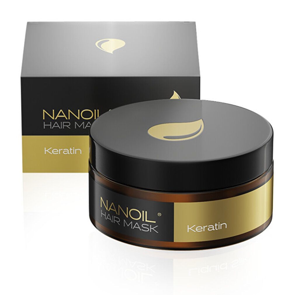 Nanoil Haarmaske mit Keratin in einem braunen Glasbehälter mit schwarzem Deckel und Umverpackung.