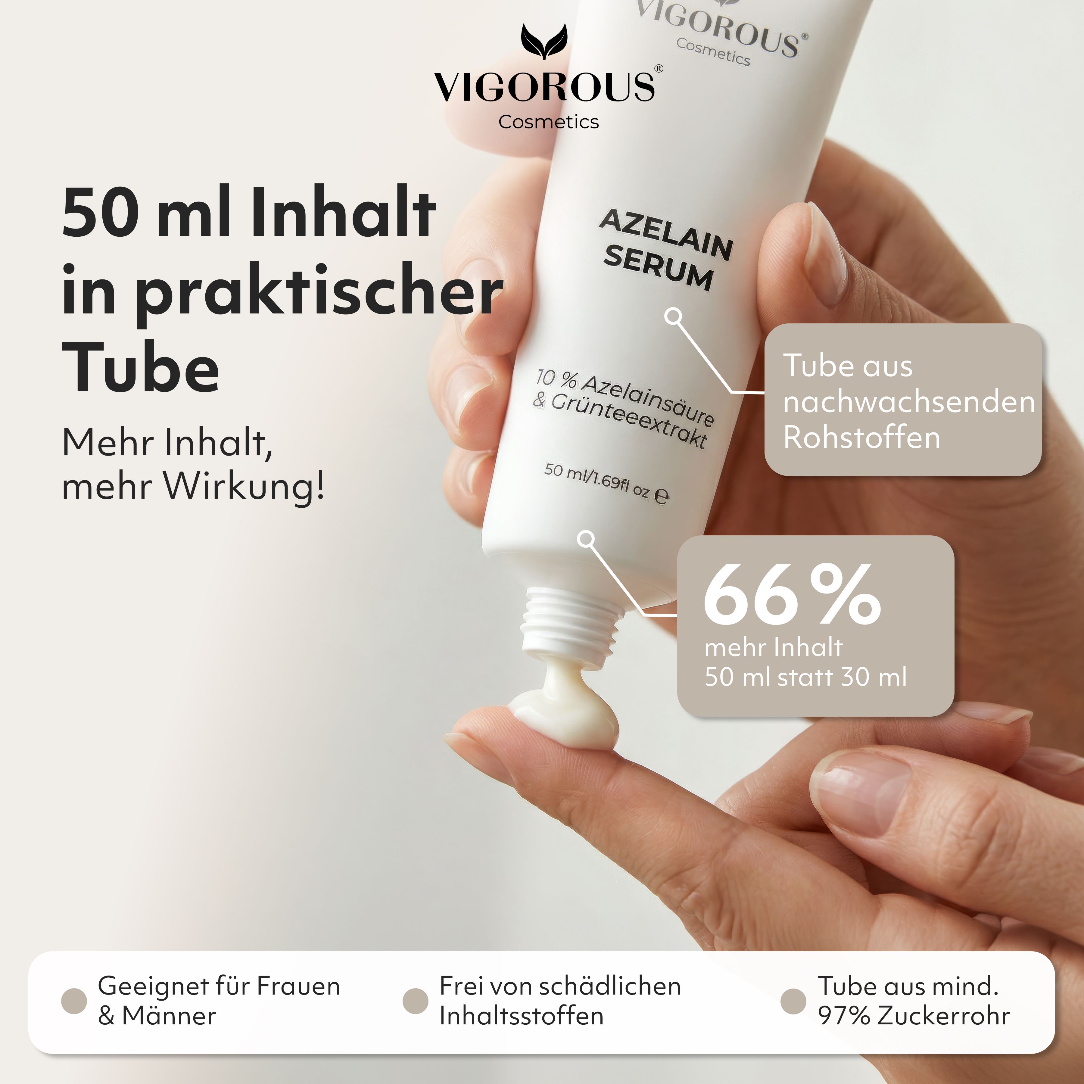 Hand drückt Serum aus Tube. Text: 50 ml Inhalt in praktischer Tube. Tube aus nachwachsenden Rohstoffen. VIGOROUS Cosmetics.