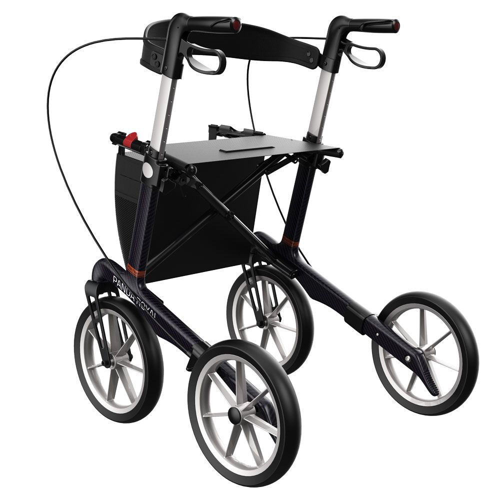 Mobiler Rollator mit Sitz, Tasche und vier Rädern. Höhenverstellbare Griffe und Bremsen.