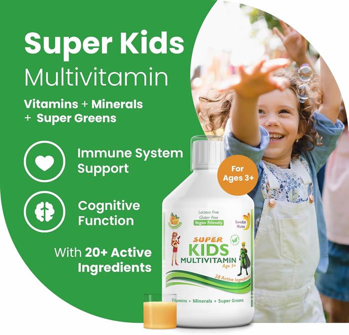 Flasche Swedish Nutra SUPER KIDS MULTIVITAMIN. Enthält Vitamine, Mineralien und Super Greens. Für Kinder ab 3 Jahren.