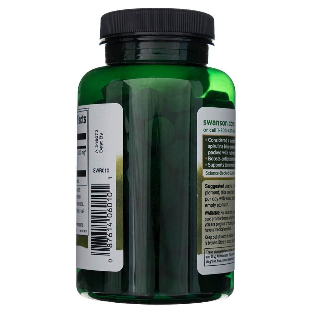 Seite einer grünen Flasche mit Swanson Spirulina, mit Website und Anwendungshinweisen.