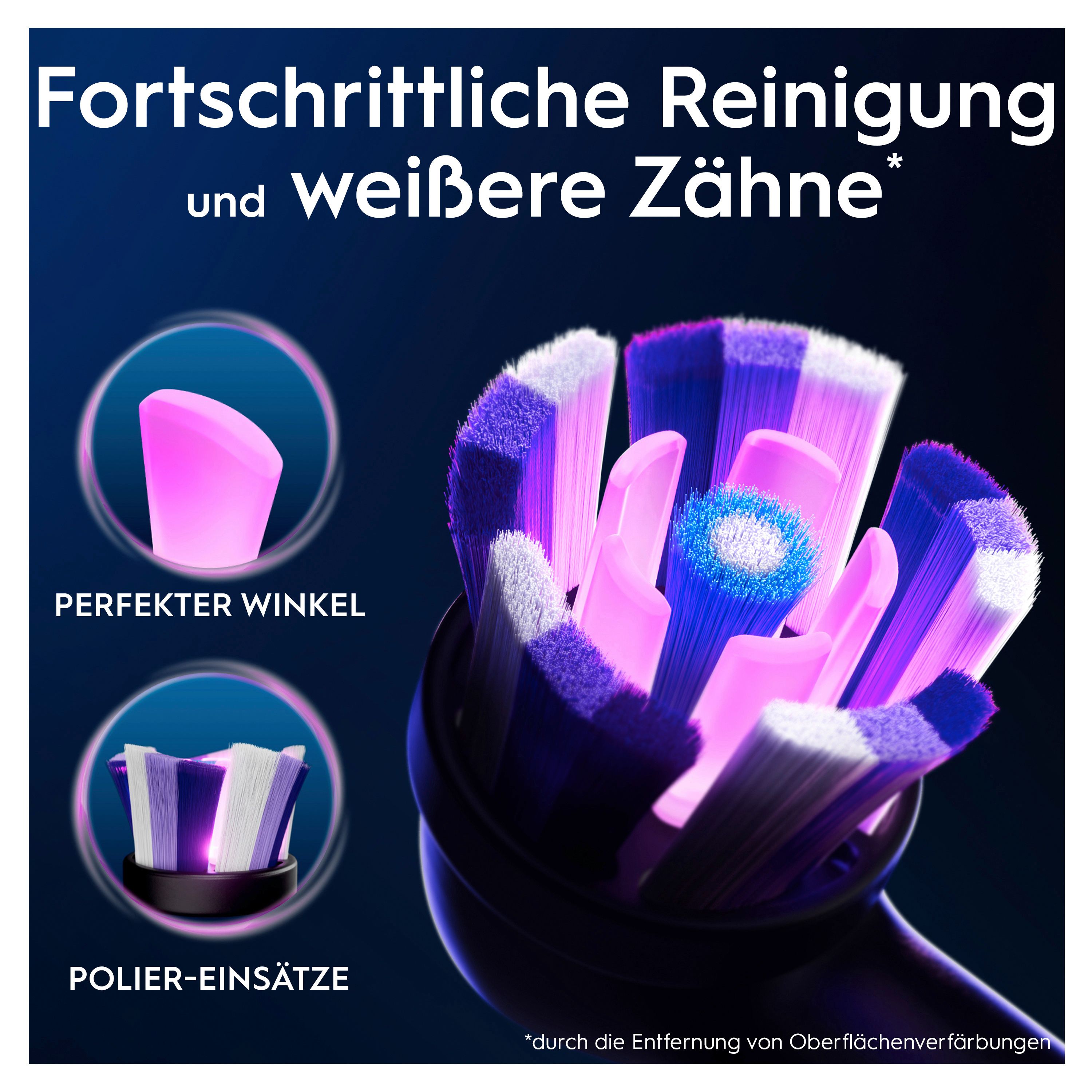 Nahaufnahme eines Zahnbürstenkopfes mit weißen, violetten und rosa Borsten. Text: Fortschrittliche Reinigung und weißere Zähne.
