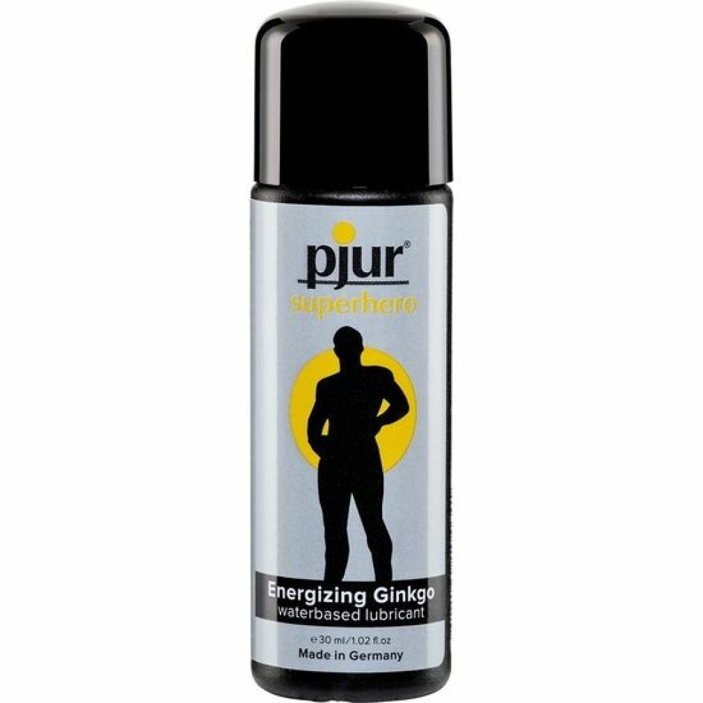 Körperpflegeprodukt mit schwarzem Deckel. Aufschrift: pjur superhero energizing ginkgo. Enthält 30 ml.