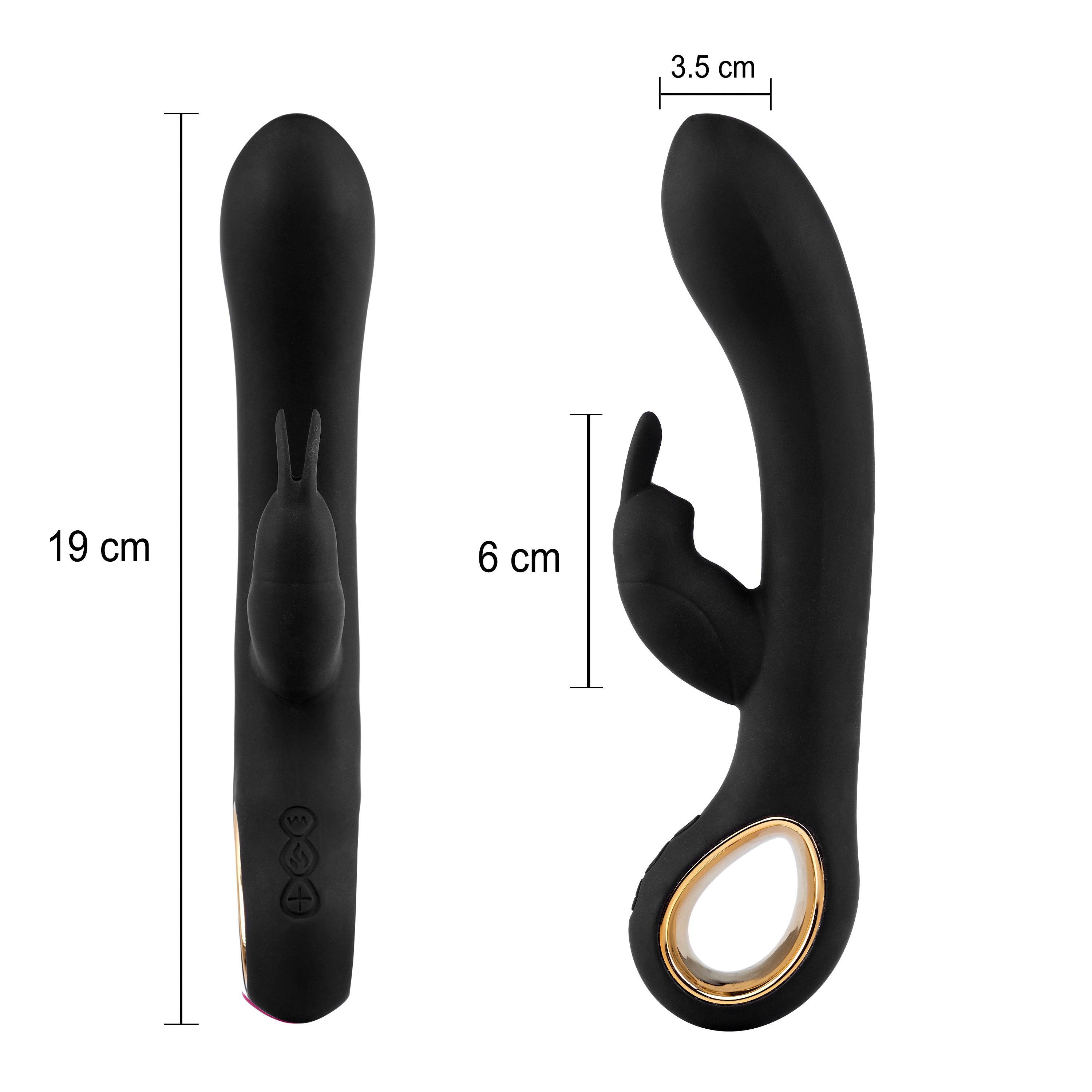 Schwarzer Vibrator mit Hasenohren-Aufsatz. Maße: 19 cm lang, 6 cm breit, 3,5 cm dick. Goldfarbener Ring.