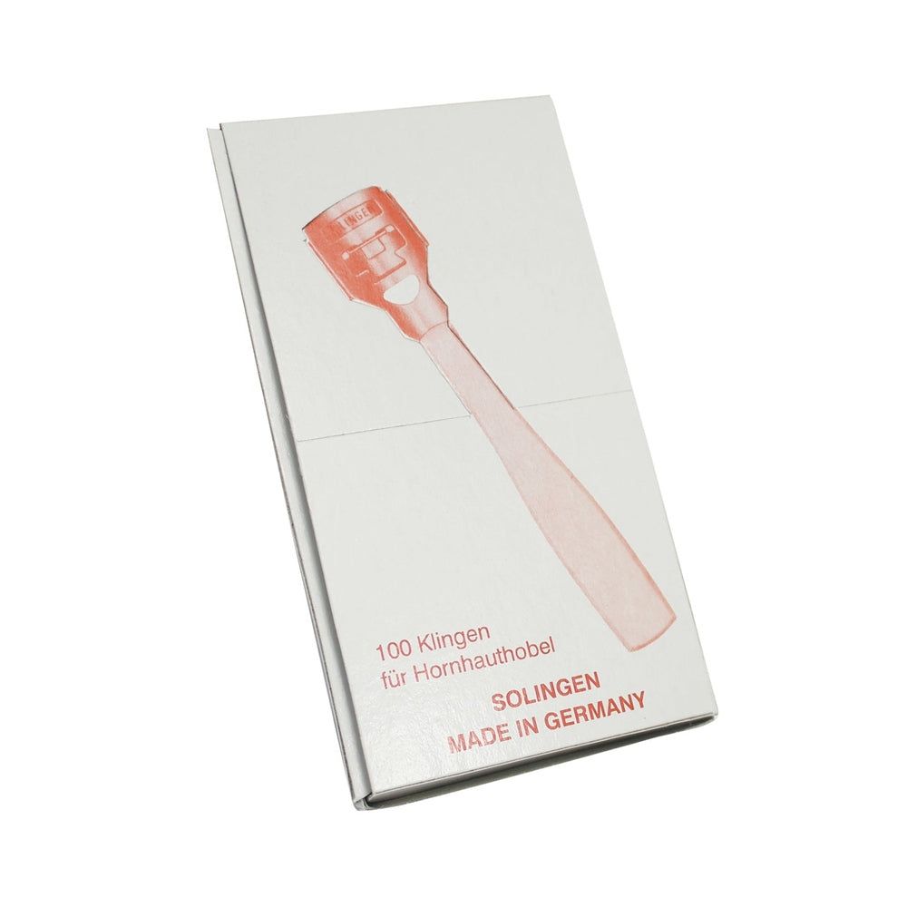 Verpackung mit 100 Klingen für Hornhauthobel. Aufdruck: Solingen, Made in Germany. Produktabbildung in Rot.