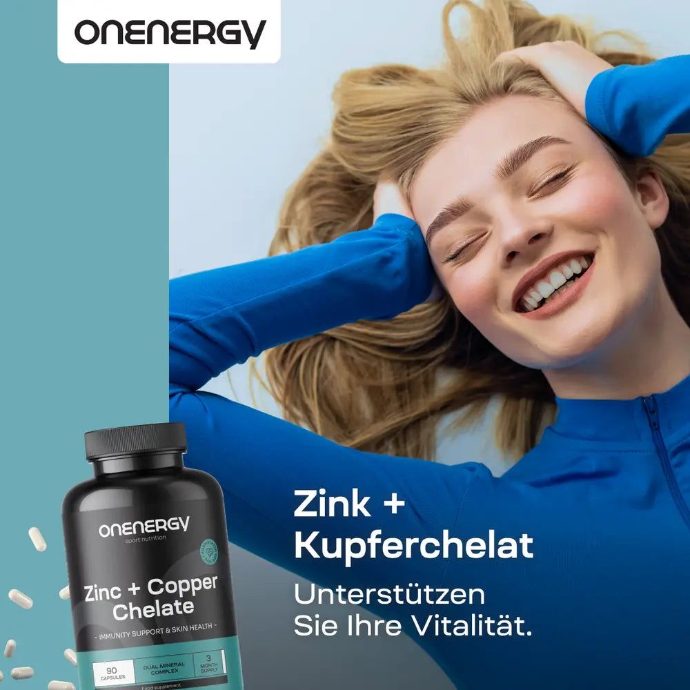 Frau mit Dose Zink + Kupfer Chelat. Unterstützt Vitalität.