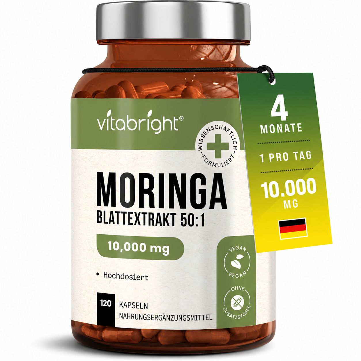 Eine Flasche Vitabright Moringa Blatt Extrakt 50:1, 10.000 mg. Enthält 120 Kapseln. Vegan.
