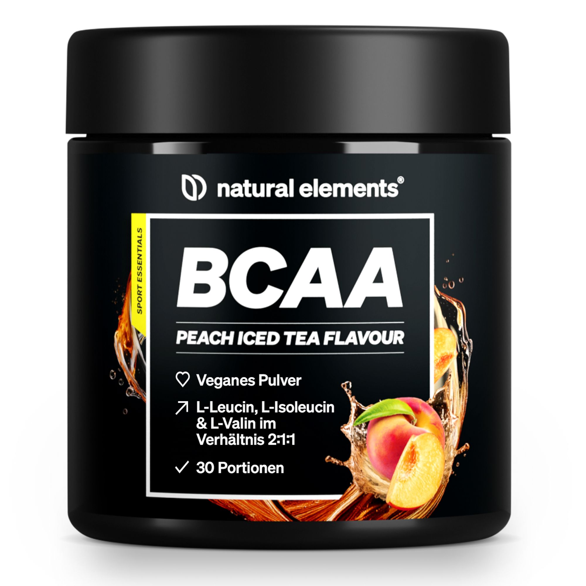 Schwarze Dose BCAA Pulver. Aufschrift: natural elements BCAA Peach Iced Tea Flavour. 30 Portionen.