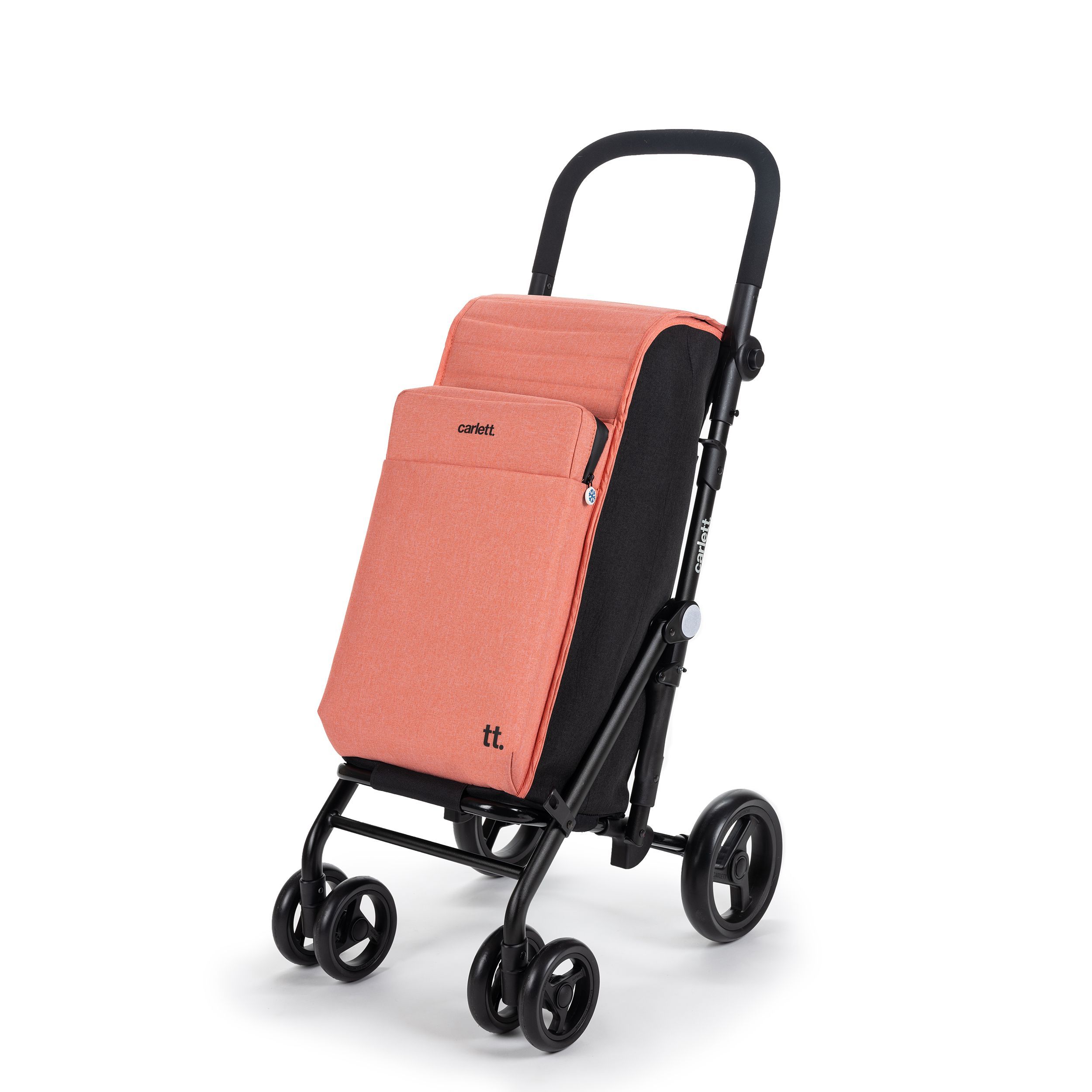 Carlett Urban Quad, orangefarbener Einkaufstrolley mit schwarzem Gestell und vier Rädern. Logo "tt."