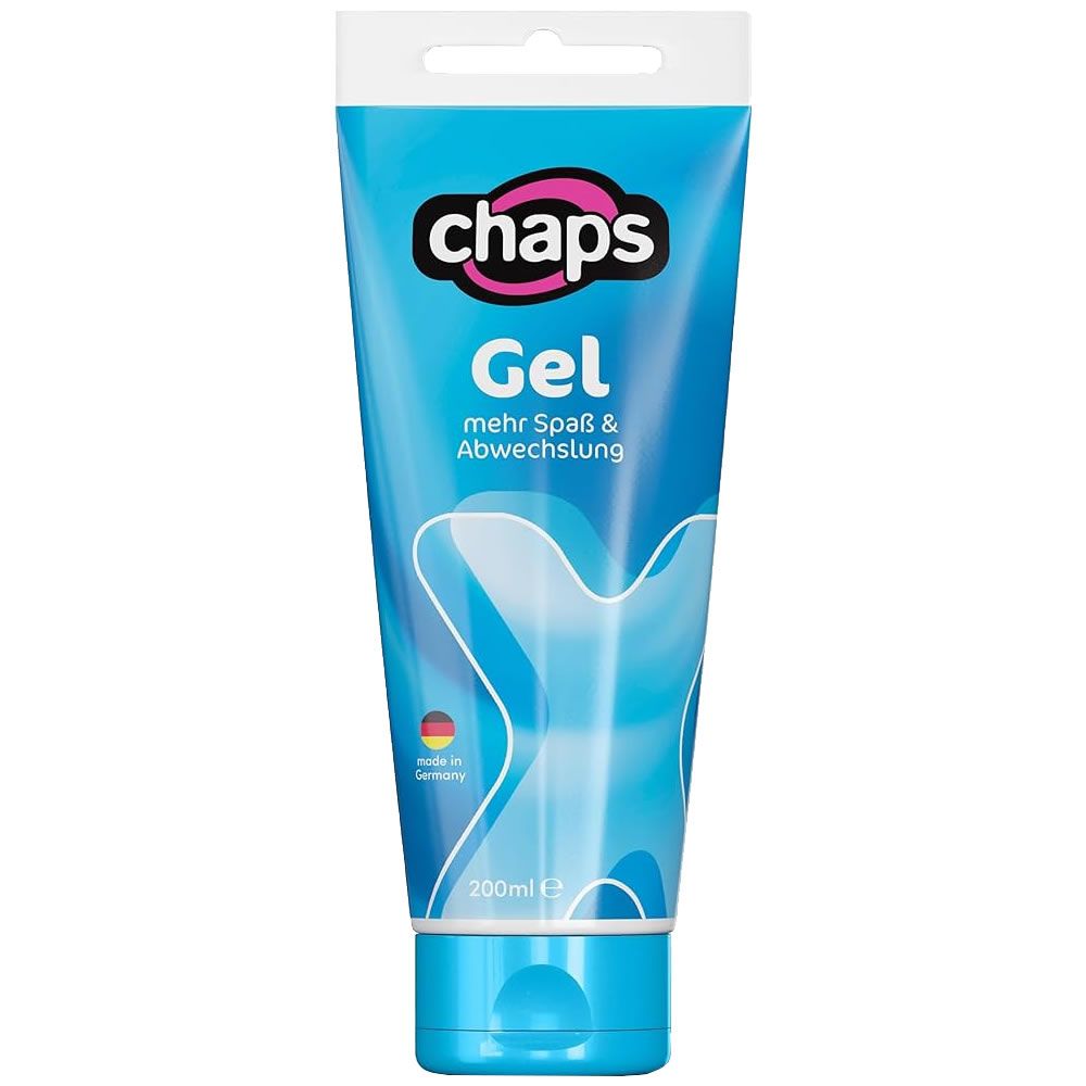 Blau-weiße Tube mit Produktnamen "chaps Gel". Text: "mehr Spaß & Abwechslung". 200ml. Hergestellt in Deutschland.