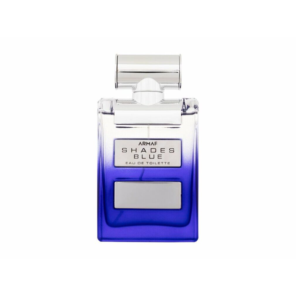 Blaues Eau de Toilette-Spray. Aufschrift: Armaf Shades Blue Eau de Toilette. Flakon mit silberfarbenem Verschluss.